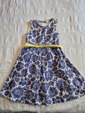 Mini Boden girls 9-10 years linen blend, lined dress, blue, white & yellow VGUC
